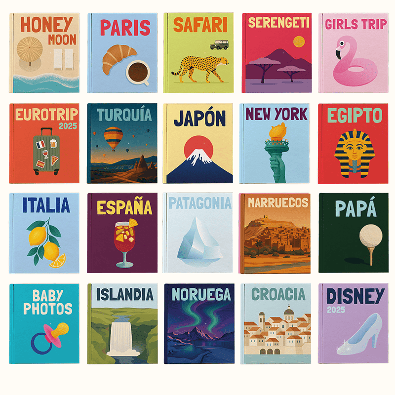 Álbum Travel Coffee Table - Pictoset Portada Prediseñadas como Playa / Honeymoon, Paris, Safari, Serengeti, Girls Trip, Eurotrip, Turquía, Japón, New York, Egipto, Italia, ESpaña, Patagonia, Marruecos, Golf, Baby Photos Chupón, Islandia, Noruega, Croacia, Disney.